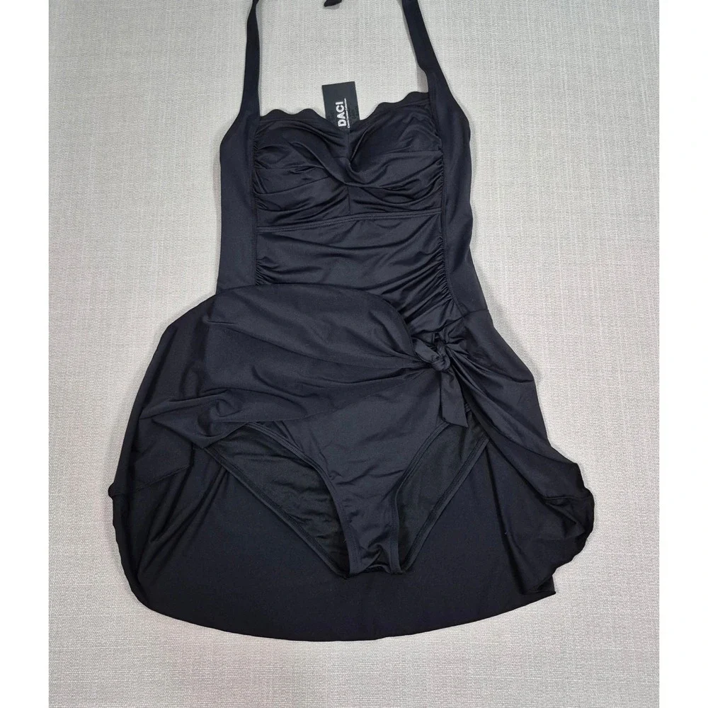 Daci Women Black Ruched Tummy Control Halter Swimdress One Piece Swimsuit Size L